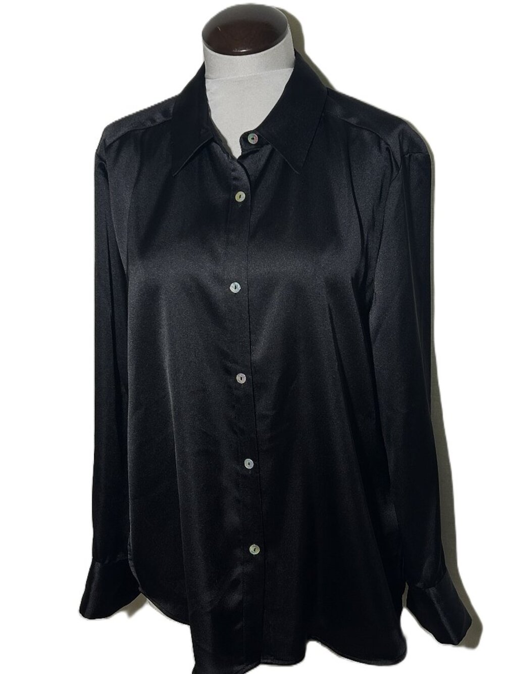 NEW Nicole Miller Black Satin Longer Length Button Front Blouse Top Shirt Large